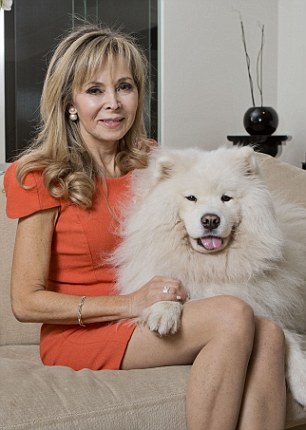 A Annabel Karmel sitting on the chair next to her Samoyed dog