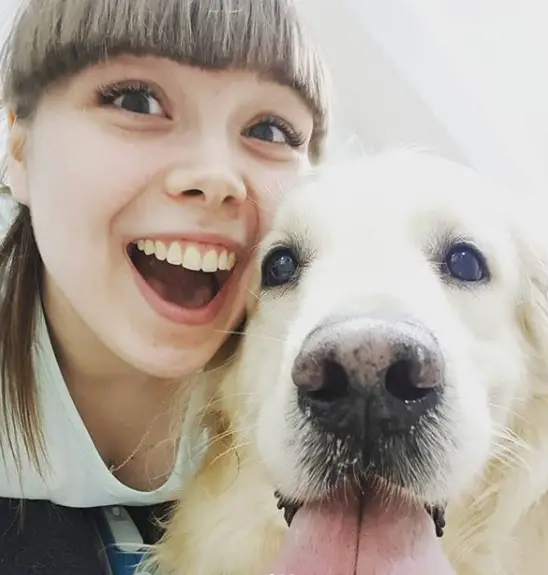 A happy woman taking a selfie with a Golden Retriever smiling with its tongue out