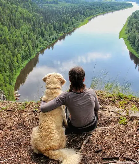 A woman sitting on top of the mountain with her Golden Retriever while facing the view of the river