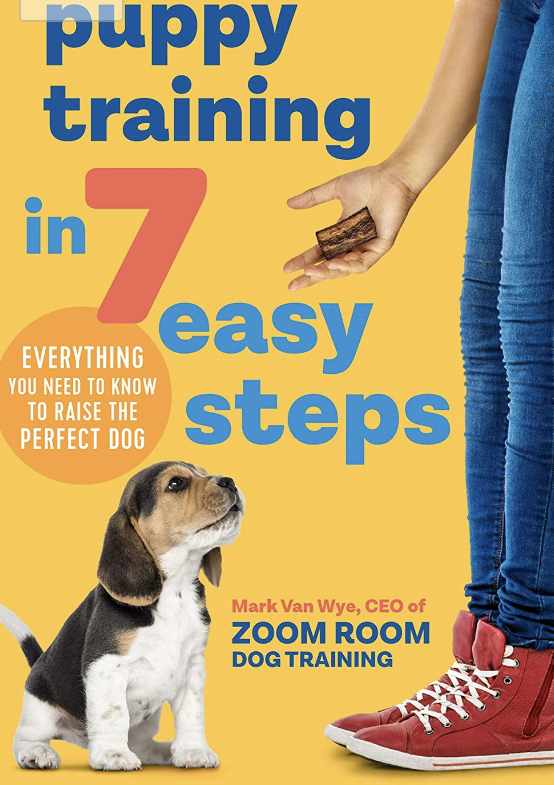 photo of a beagle staring at the treat in the hand of a woman standing in front of him and with text - puppy training in 7 easy steps