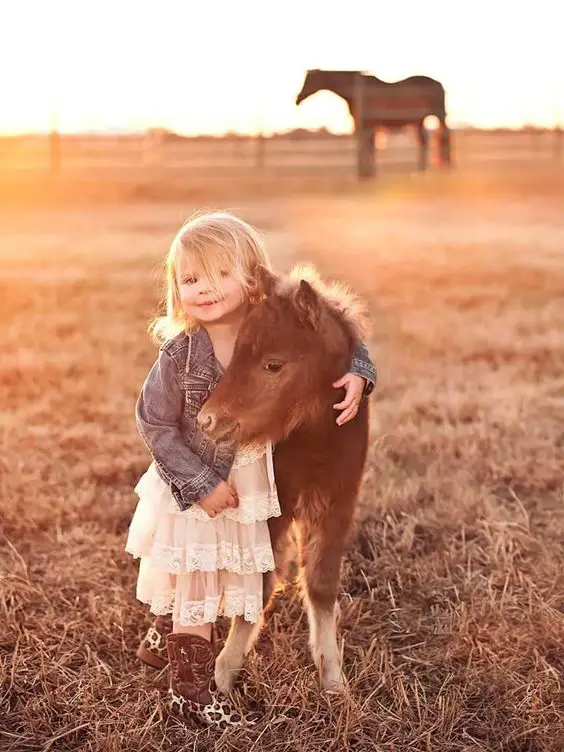A little girl standing in the field while embracing the pony standing beside her