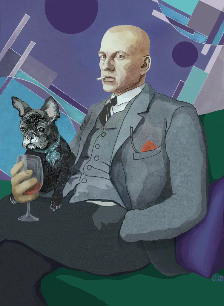 Artwork of V. Mayakovsky with his French Bulldog sitting on his lap staring at his wine