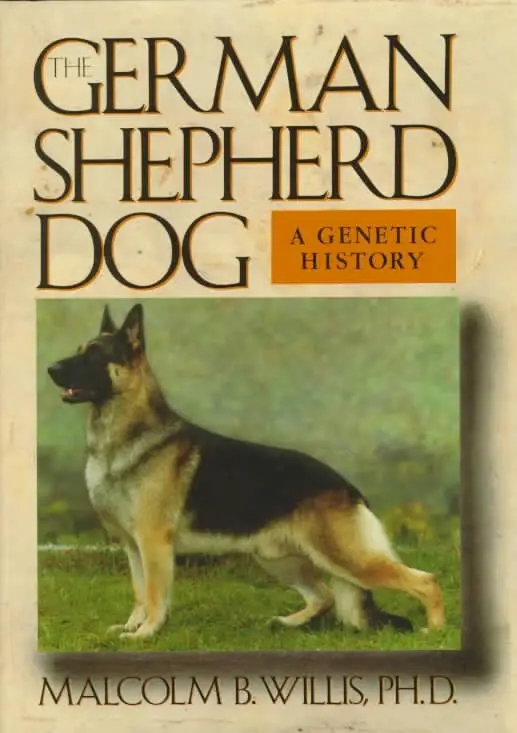 A book cover with the photo of a german shepherd standing in the green grass with title - The German Shepherd dog: a genetic history
