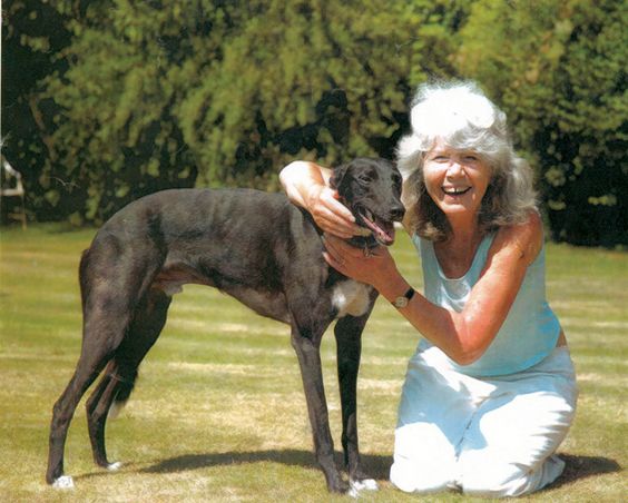 Jilly Cooper kneeling on the grass with her arms over her Greyhound standing beside her under the sun