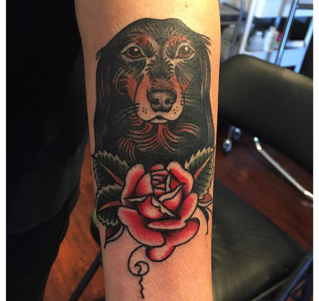 black Dachshund with rose tattoo on arms