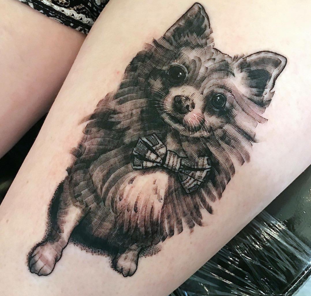 black 3D Pomeranian tattoo on the thigh