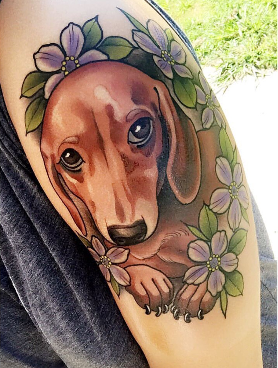 brown Dachshund with flowers around tattoo on arm