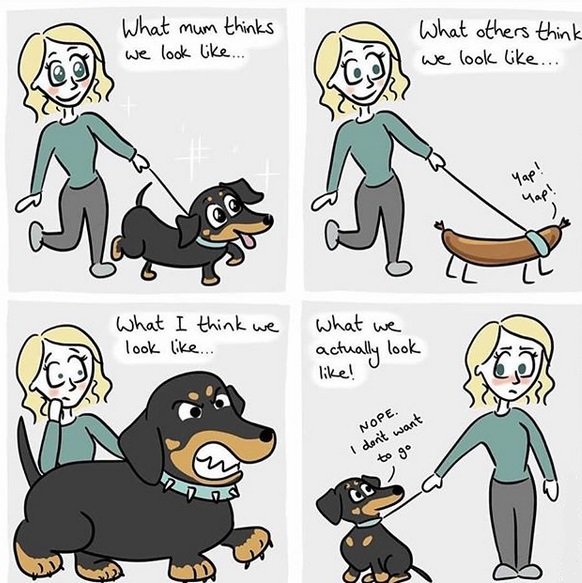 comic artwork with a woman walking a Dachshund