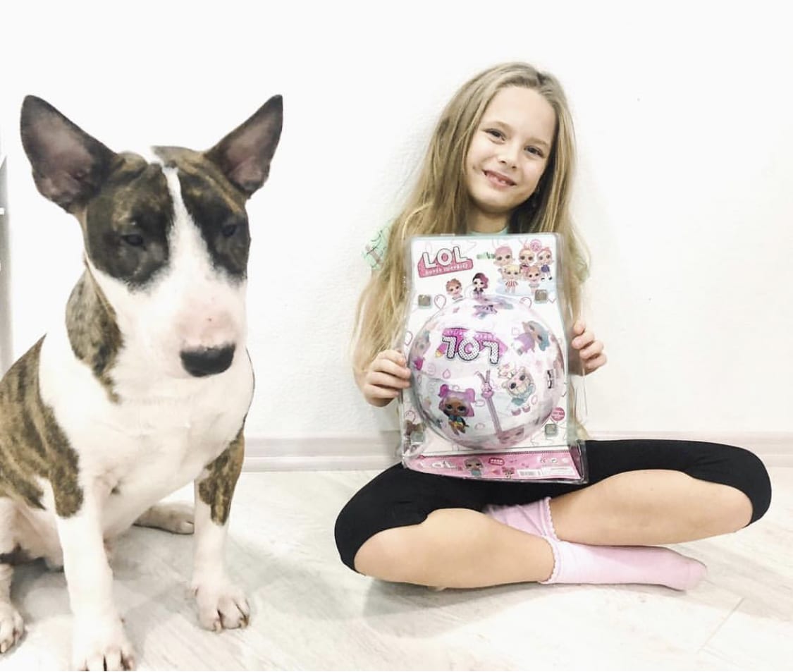 A young girl sitting on the floor with a Bull Terrier next to her
