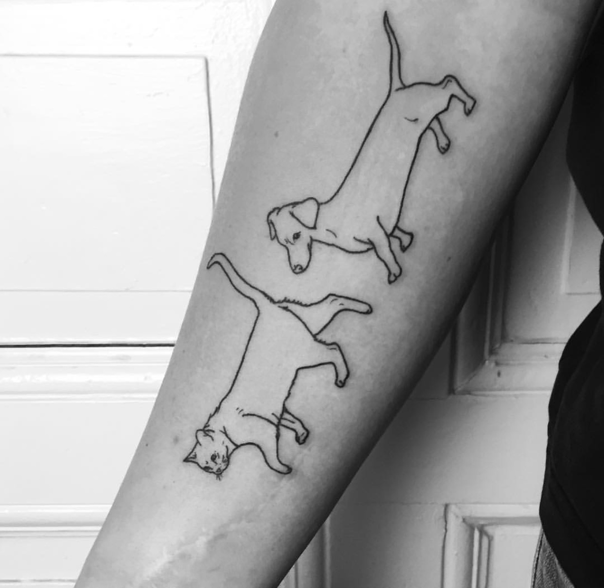 Dachshund and cat tattoo on arm