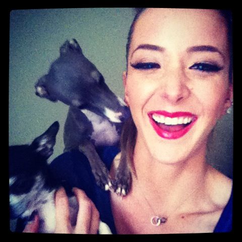 Jenna Marbles with her Greyhound on her shoulders