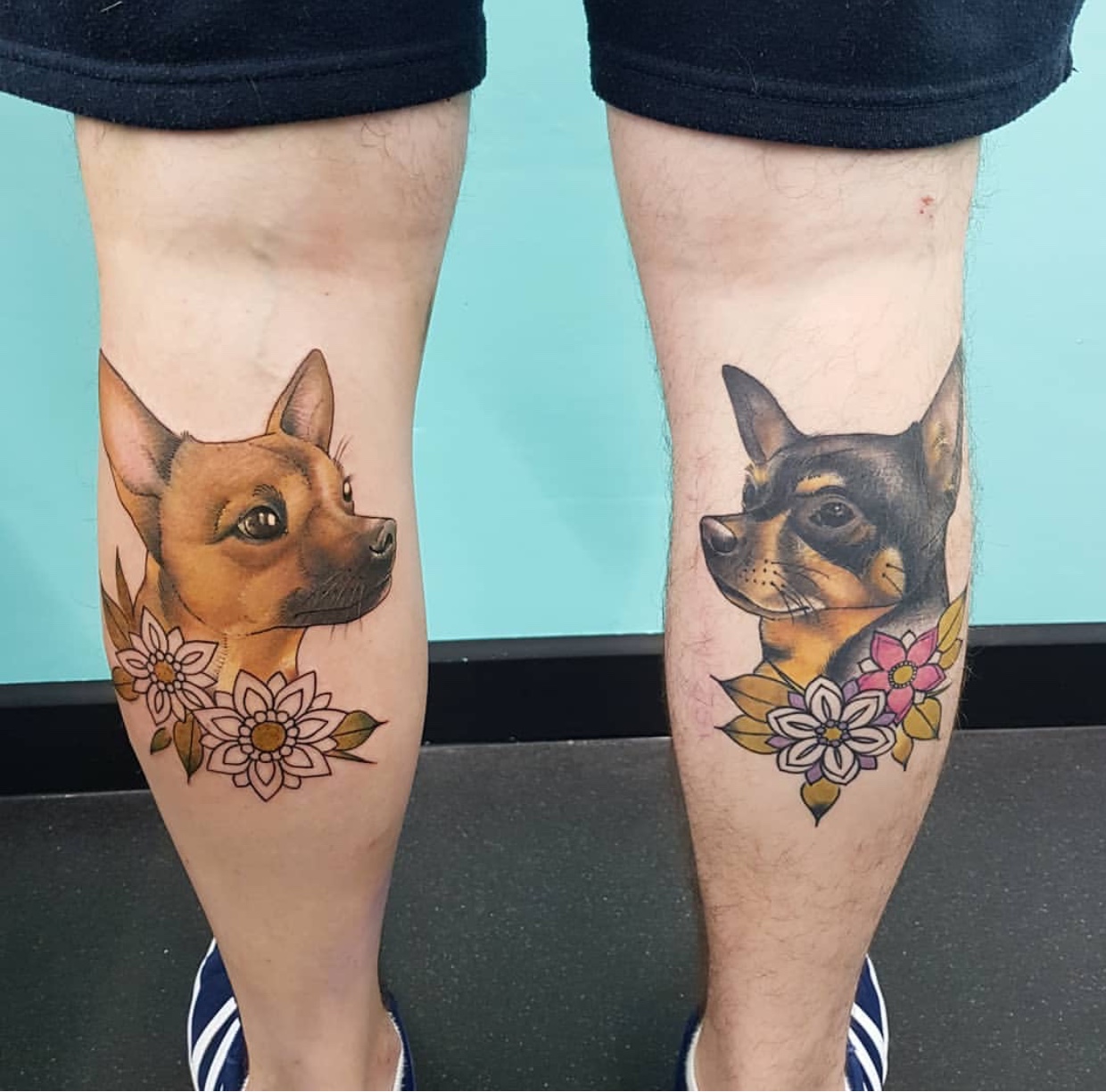 Chihuahua with flowers tattoo on both legs