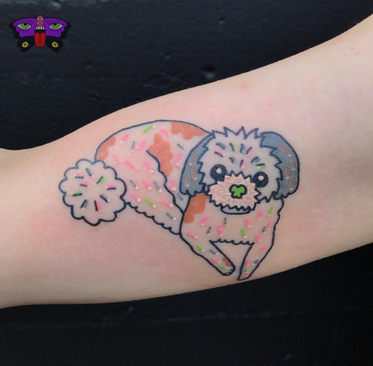 animated pasted colored Shih Tzu tattoo on the biceps