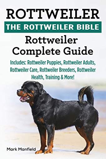 A Rottweiler standing on the sand at the beach and with text - Rottweiler: The Rottweiler Bible: Rottweiler Complete Guide Includes: Rottweiler Puppies, Rottweiler Adults, Rottweiler Care, Rottweiler Breeders, Rottweiler Health, Training & More!