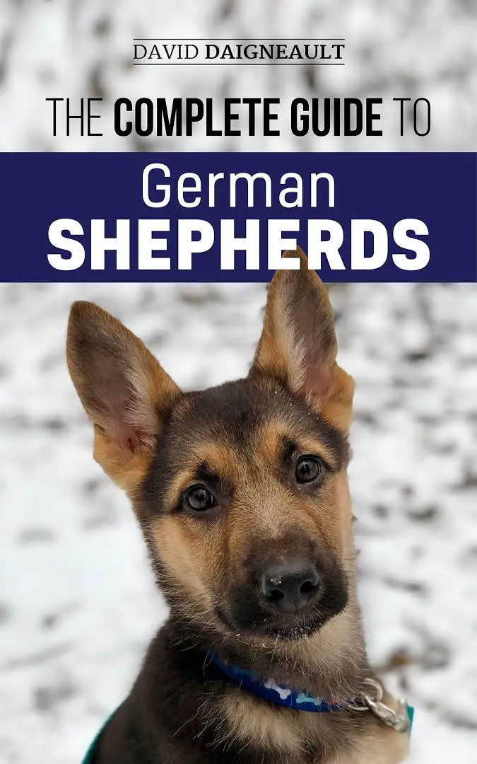 A book cover with a german shepherd puppy in snow and with title - The complete guide to German Shepherds