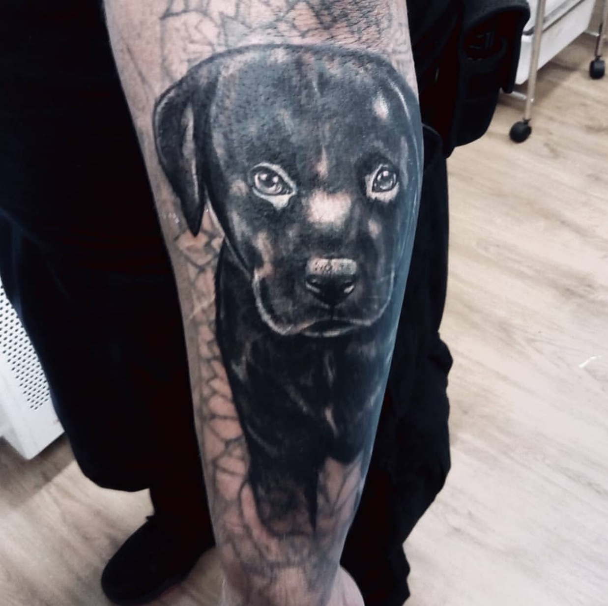 realistic black Labrador Retriever puppy tattoo on the forearm