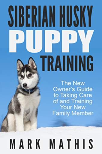 Book cover with a Siberian Husky sitting in snow with blue sky background and title