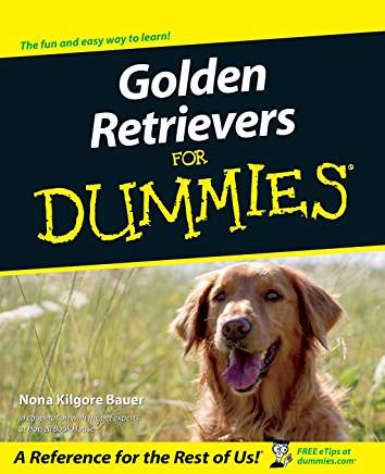 book cover with title Golden Retrievers For Dummies and photo of a smiling Golden Retriever in the middle of the green grass