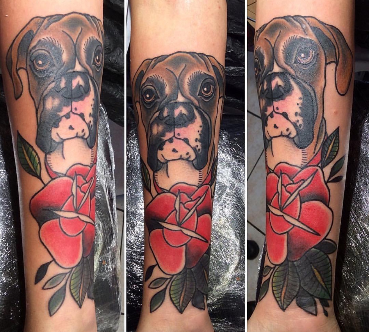 three photos of an artistic Boxer with red flower tattoo on the forearm