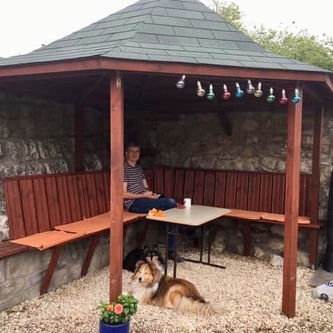 A Sheltie lying on the rocks under the shed with a person sitting on the bench
