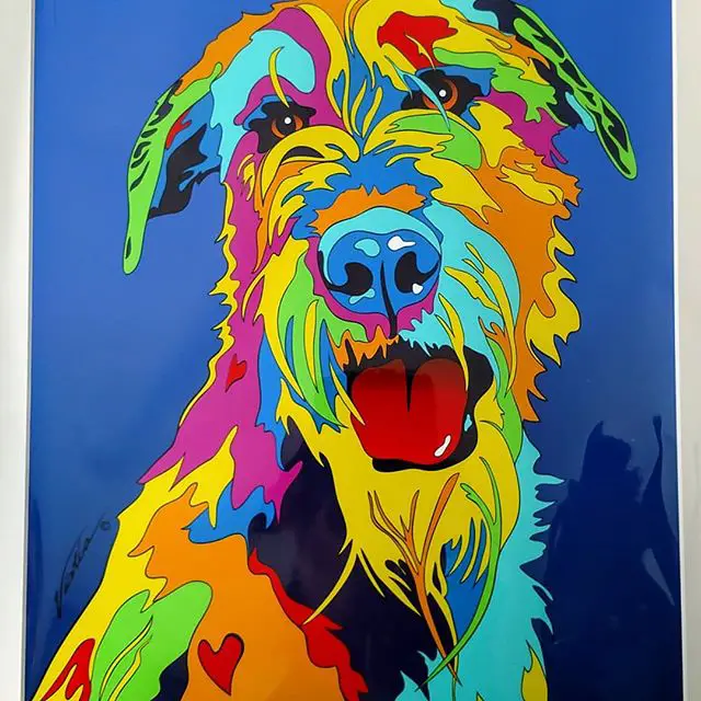 a colorful artwokr of an Irish Wolfhound