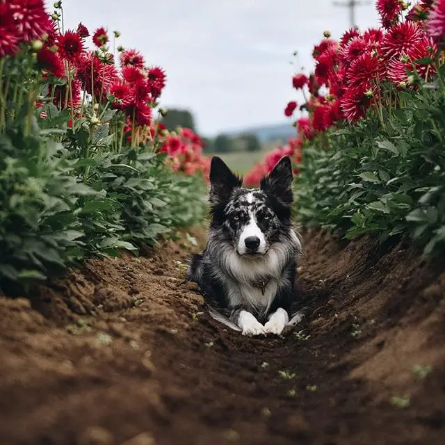 Border collie in the middle of the field of red flowers
