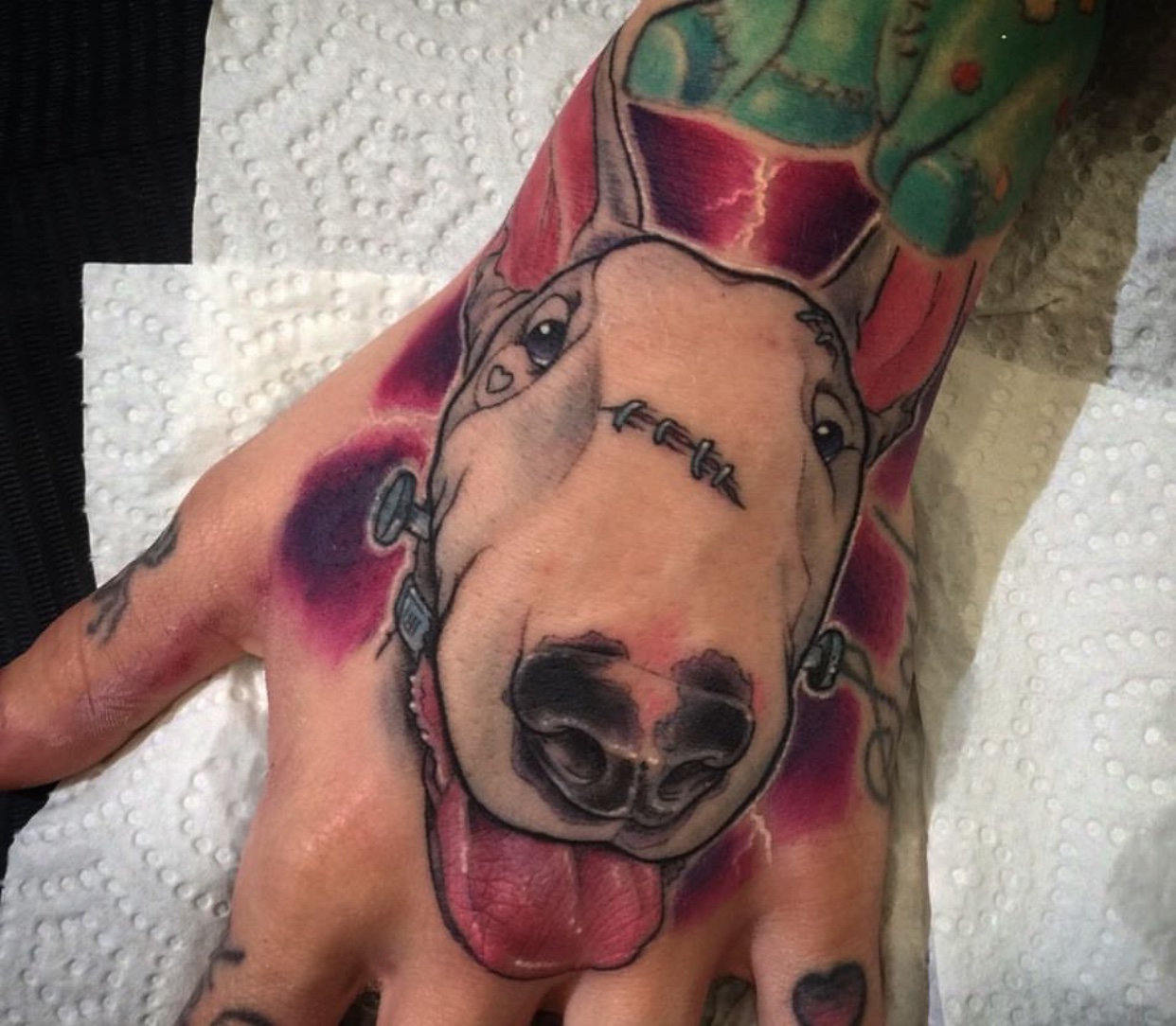 smiling Bull Terrier with stitch and nails on its face tattoo in hand