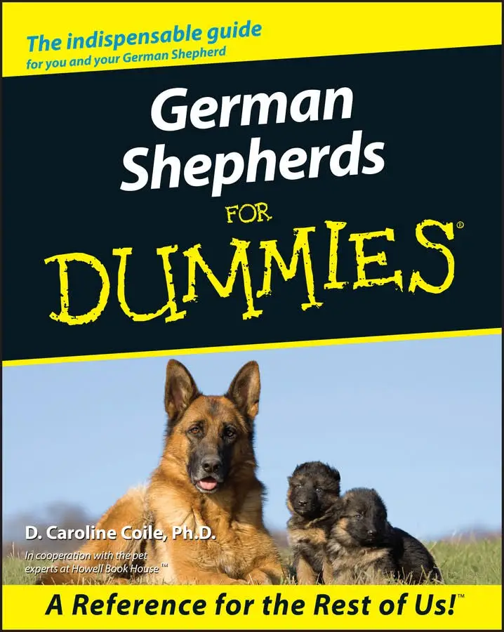 A Book cover with a photo of an adult German Shepherd with her two puppies lying on the grass and with title - German Shepherd for dummies