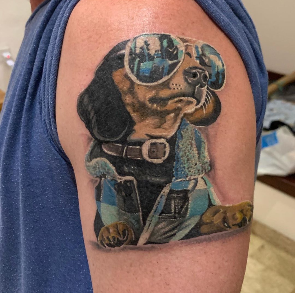 Dachshund with stylish outfit while wearing glasses tattoo on arm