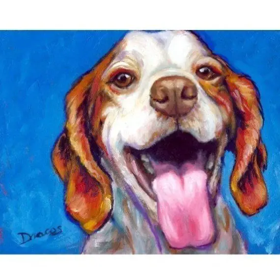 painting of a Brittany puppy with its mouth wide open and tongue sticking out