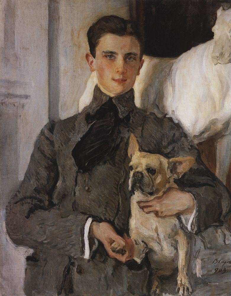artwork of Count F.F.Sumarokov-Elston, later Prince Yusupov with his French Bulldog