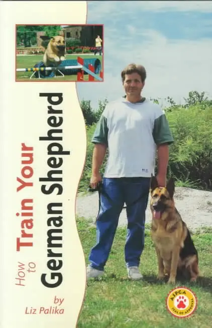 Book cover with a photo of a man and his German Shepherd sitting next to him and with title - How to train your German Shepherd