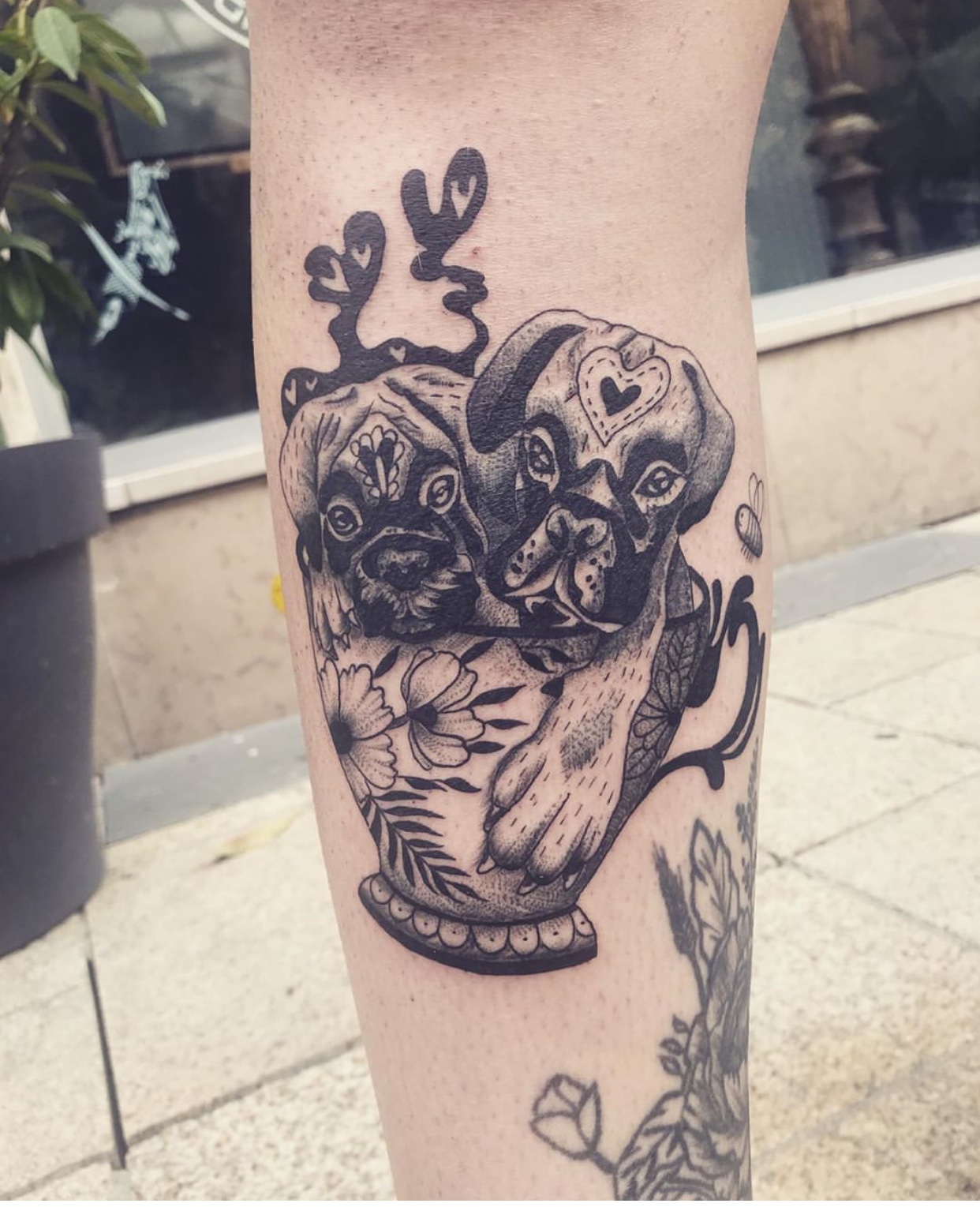 two black and gray Boxer in a cup tattoo on the leg
