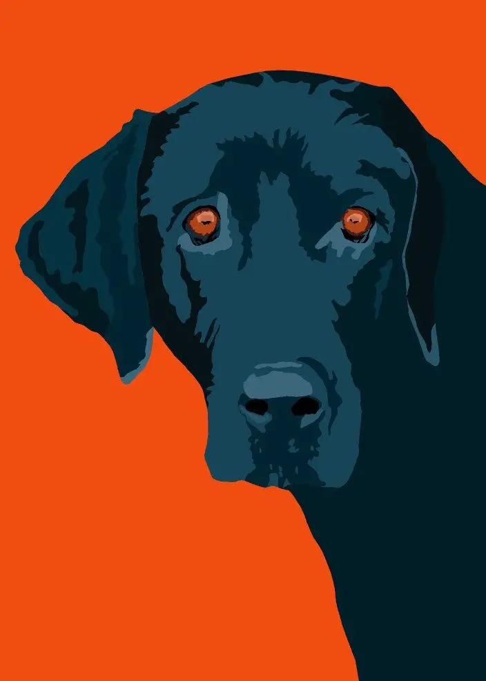 black Labrador Retriever with bright orange eyes and background painting