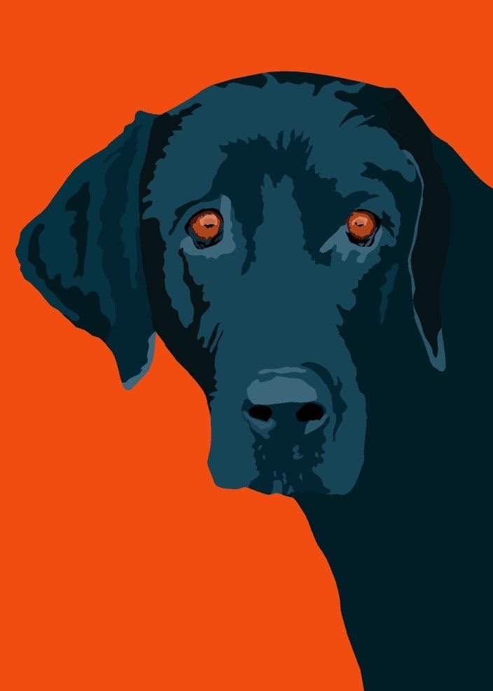 black Labrador Retriever with bright orange eyes and background painting
