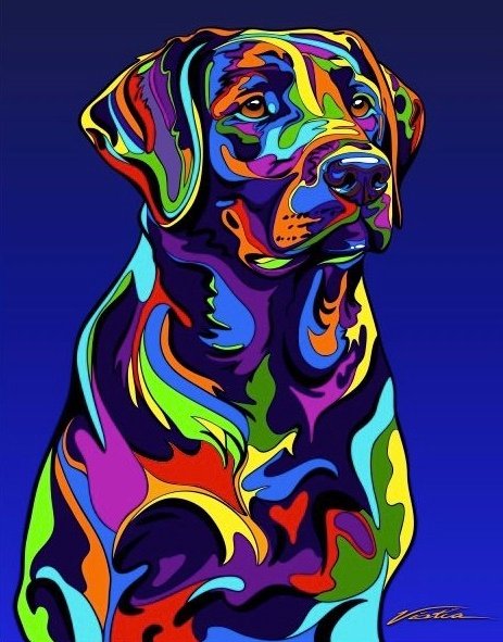 Labrador Retriever with swirl lines of colorful neon colors in blue background