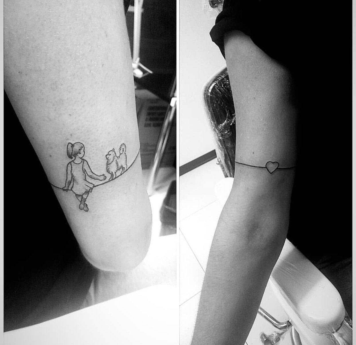 Pomeranian looking at the girl sitting on a line around the arms tattoo