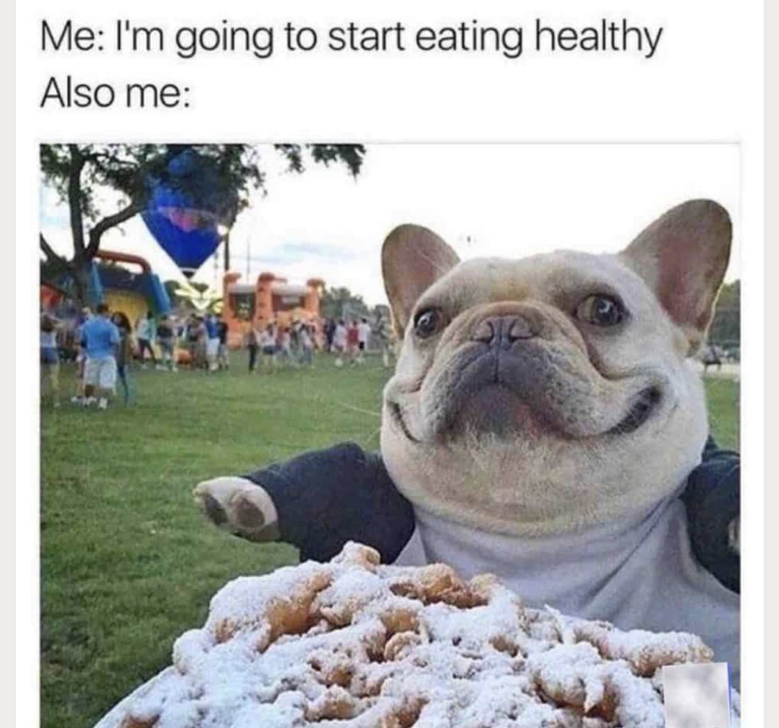 smiling French Bulldog in front of the food photo with a caption 