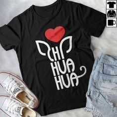 a black shirt printed with heart and chihuahua on the bed with a pair of shoes and a denim shorts
