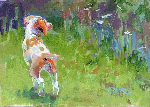 An oil painting of a Brittany puppy walking in the forest