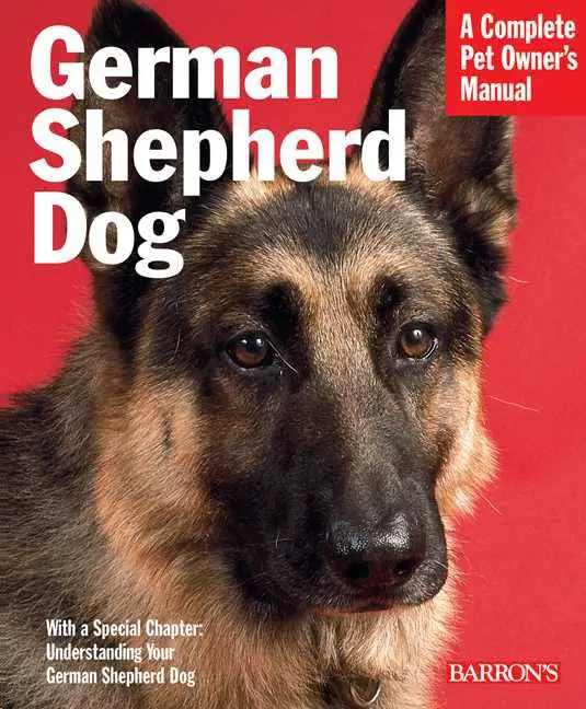 A book cover with a German Shepherd dog in a red background and with title - German Shepherd dog, A complete pet owner's manual