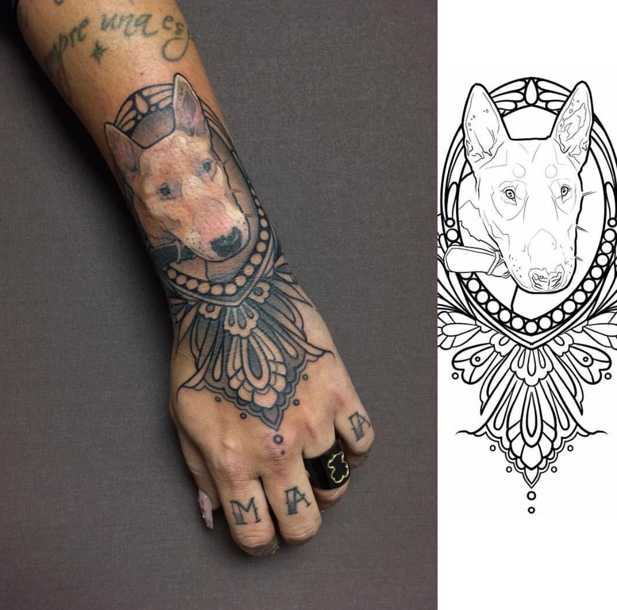 face of Bull Terrier inside a mandala design frame tattoo on hands