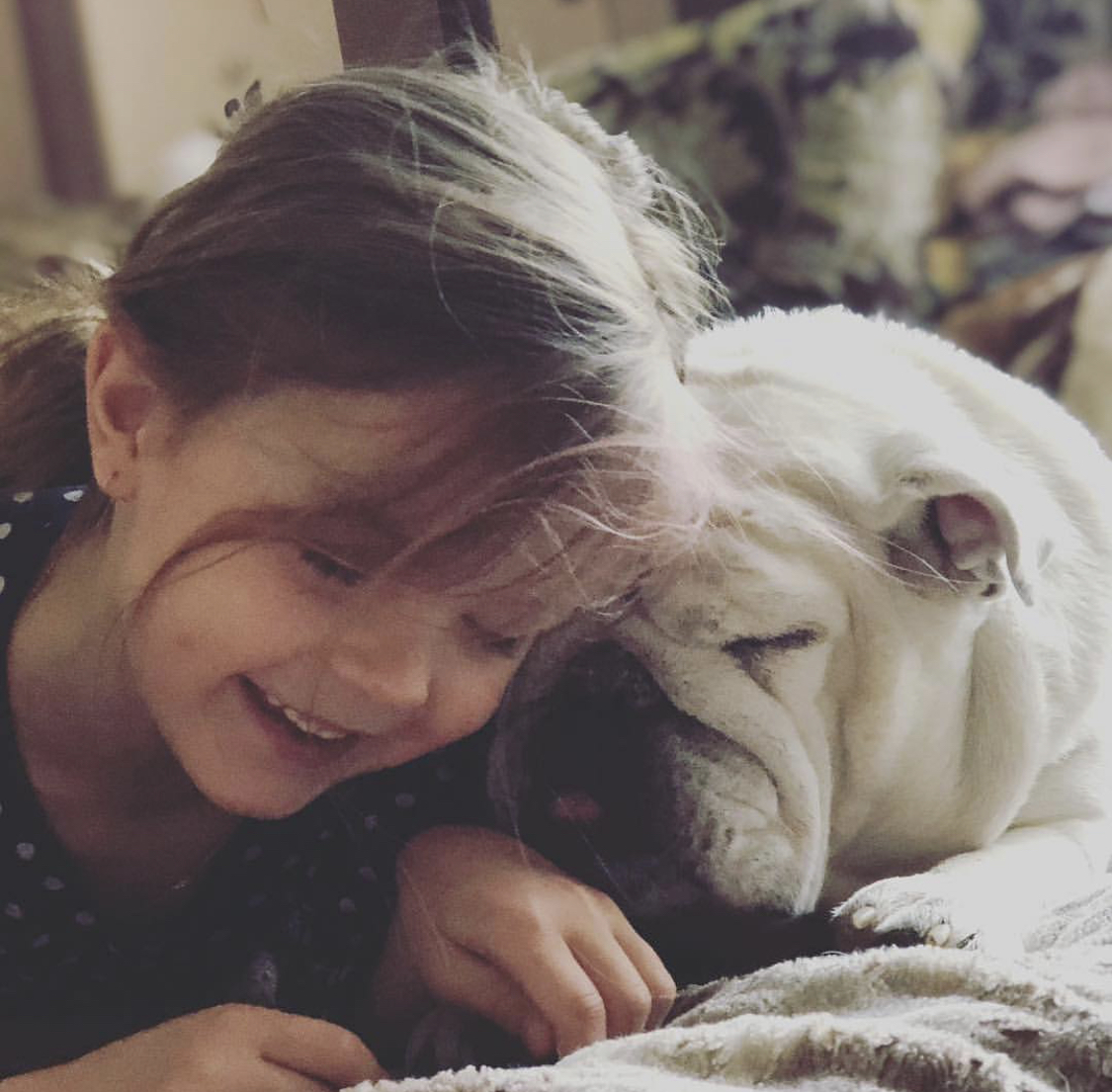 A little girl on the couch beside a sleeping English Bulldog