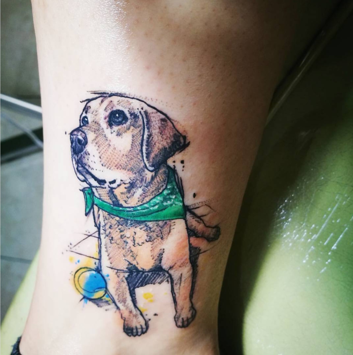 yellow Labrador Retriever puppy sketch style tattoo on the leg