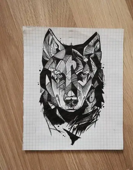 a creative drawing of the face of a Wolf
