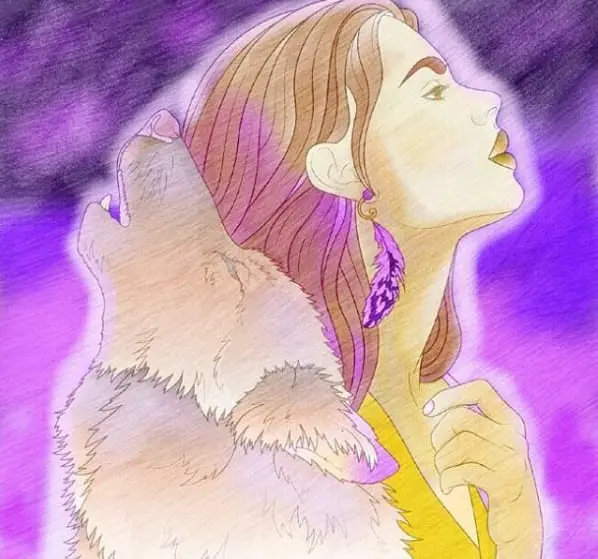 a dreamy artwork of a howling wolf and woman beside