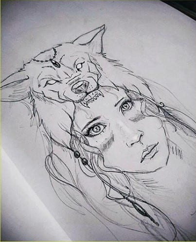 a drawing of a woman with a Wolf on top of its head