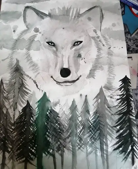 a watercolor painting of a Wolf in the sky with pine tree under