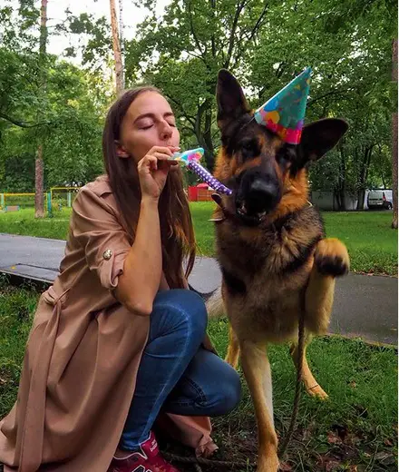 A woman blowing a small trumpet next to her German Shepherd wearing a birthday cone hat