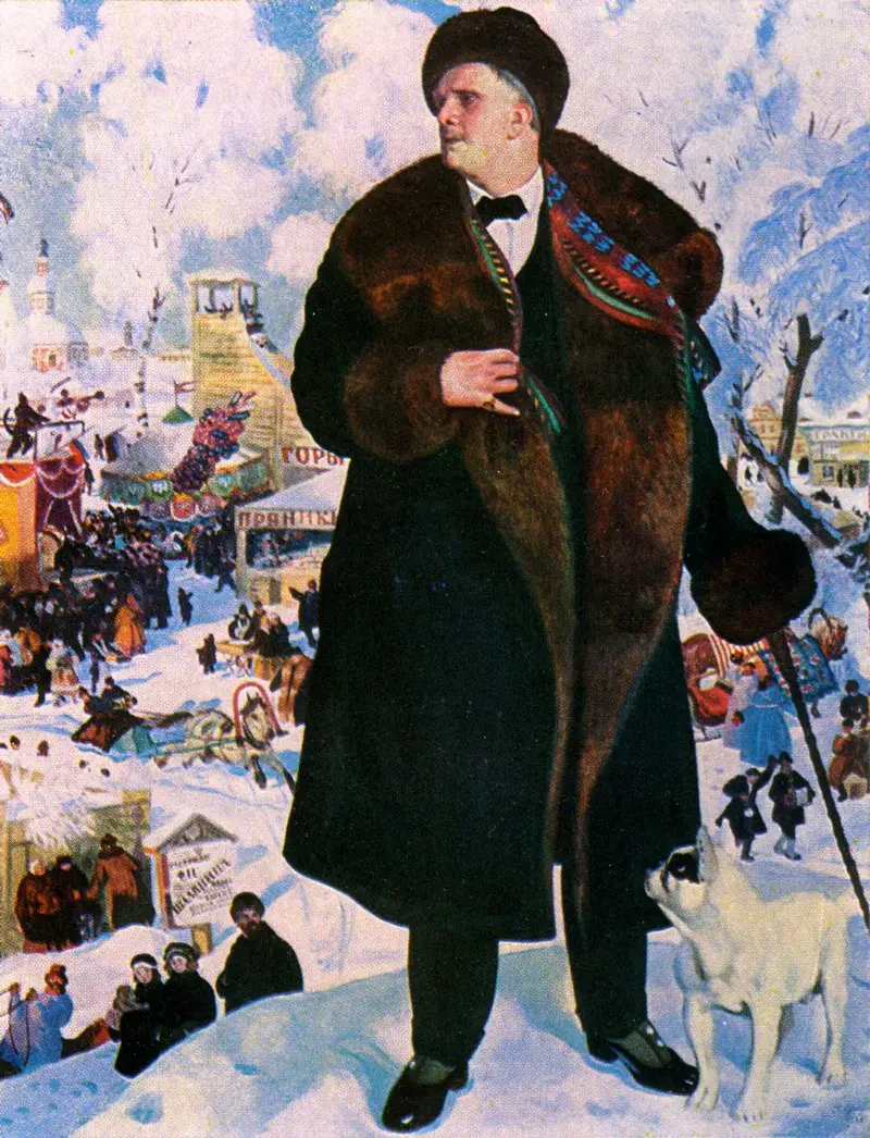 Artwork of F.I. Chaliapin with his French Bulldog standing on top of the mountain at a festival during winter